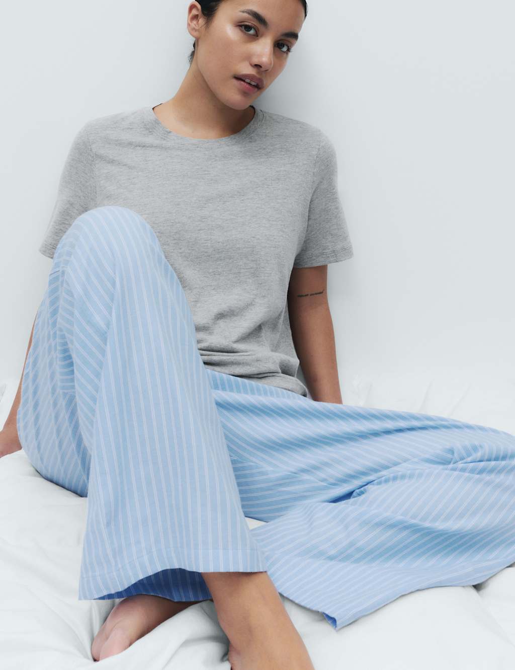 M&S Women's Pure Cotton Pyjama Set With Woven Bottoms - Small - Grey Mix