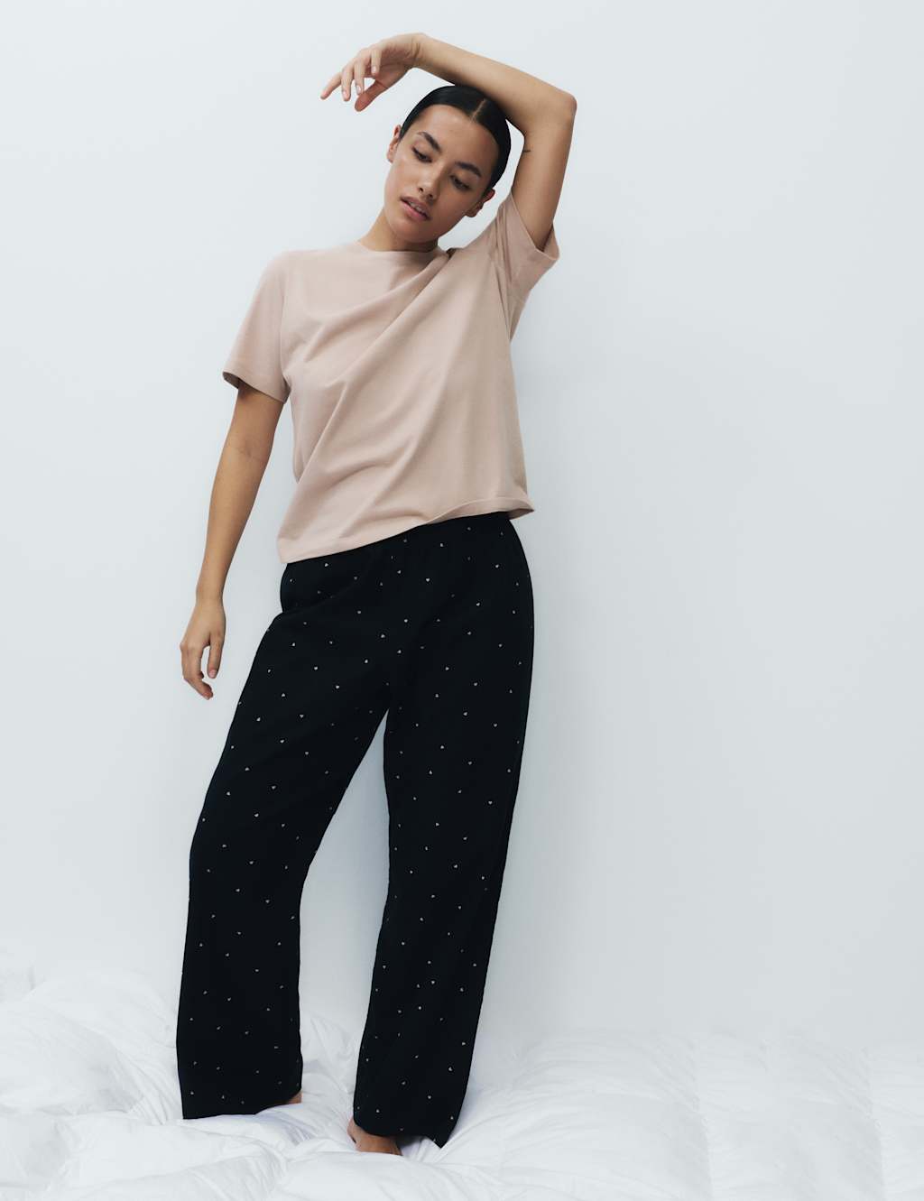 M&S Women's Pure Cotton Pyjama Set With Woven Bottoms - Small - Black Mix