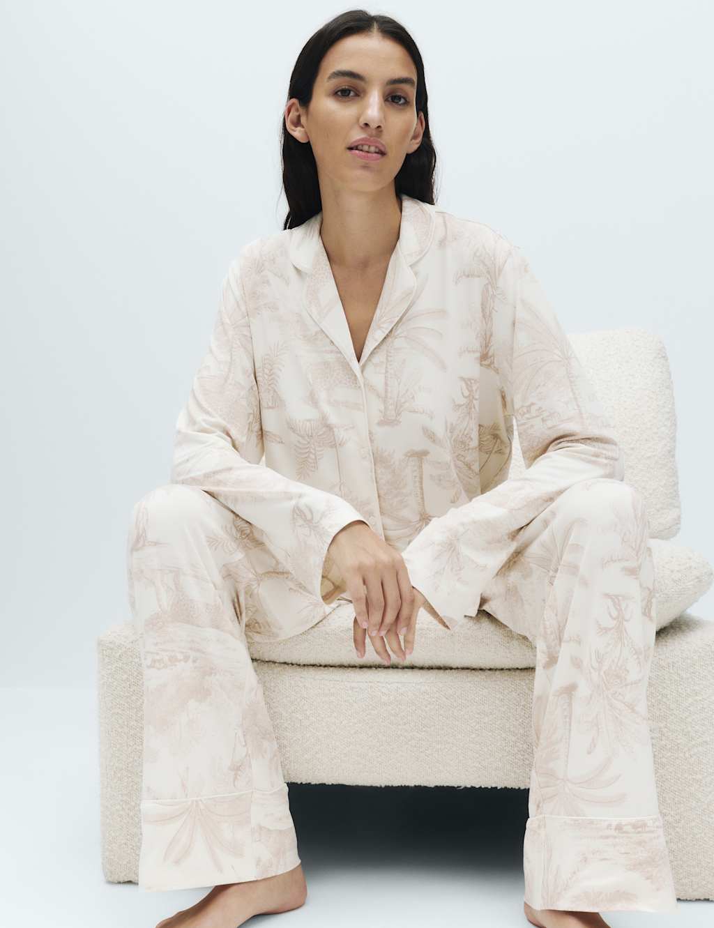 M&S Women's Soft Touch Printed Revere Pyjama Set - Small - Ivory