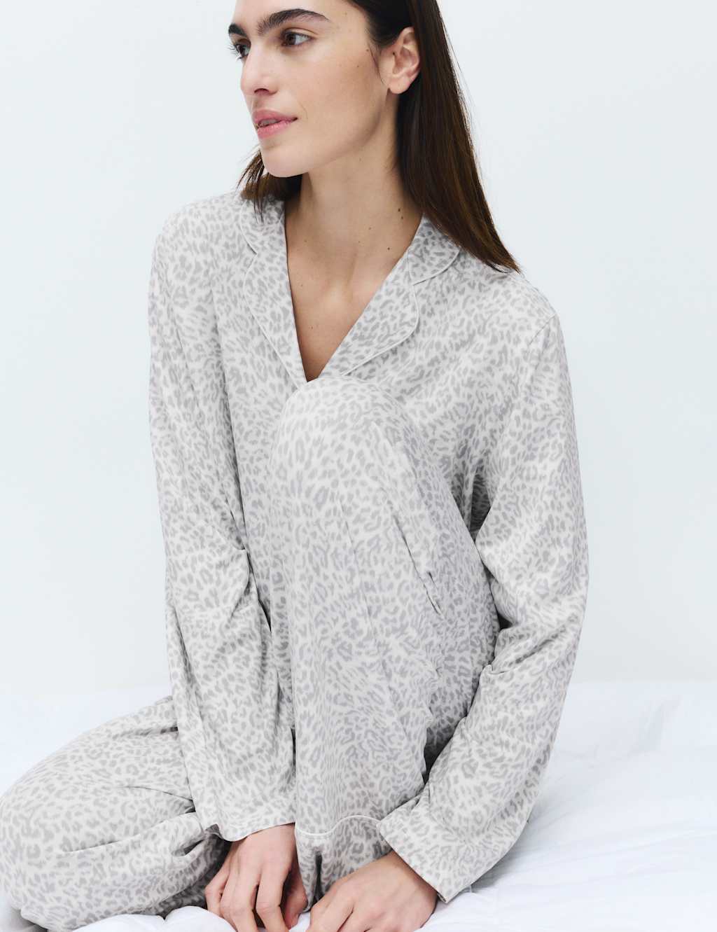 M&S Women's Soft Touch Printed Revere Pyjama Set - Small - Grey Mix