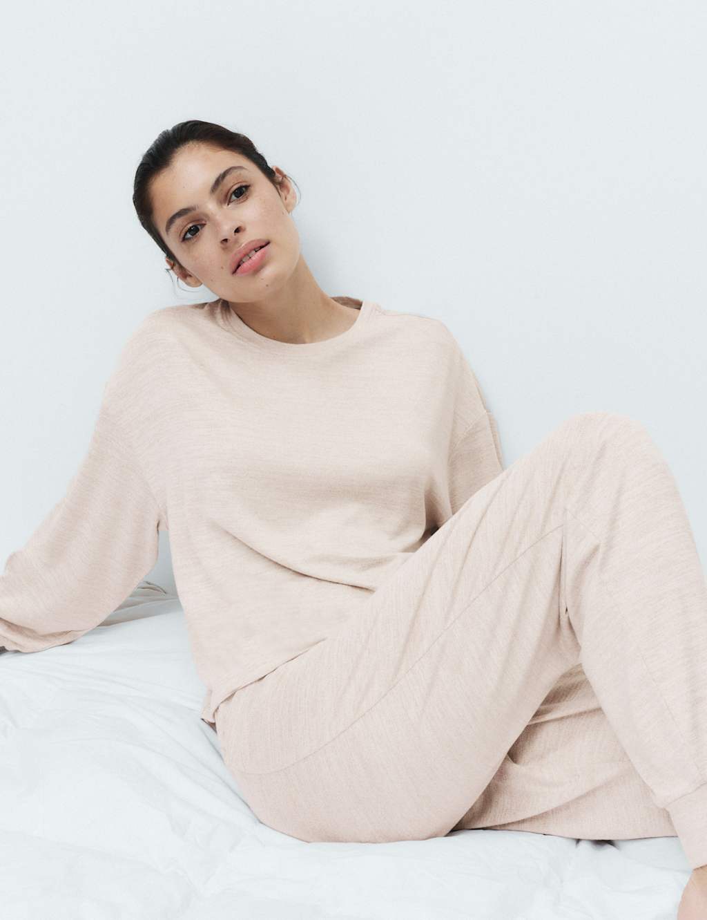 M&S Women's Cosy Knit Printed Cuffed Pyjama Set - Small - Cream