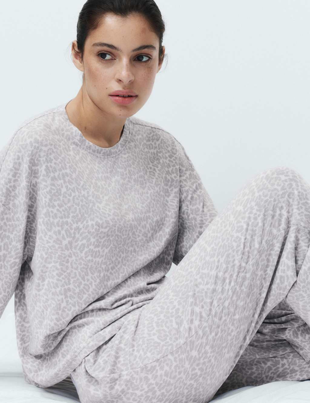 M&S Women's Cosy Knit Printed Cuffed Pyjama Set - Medium - Grey Mix