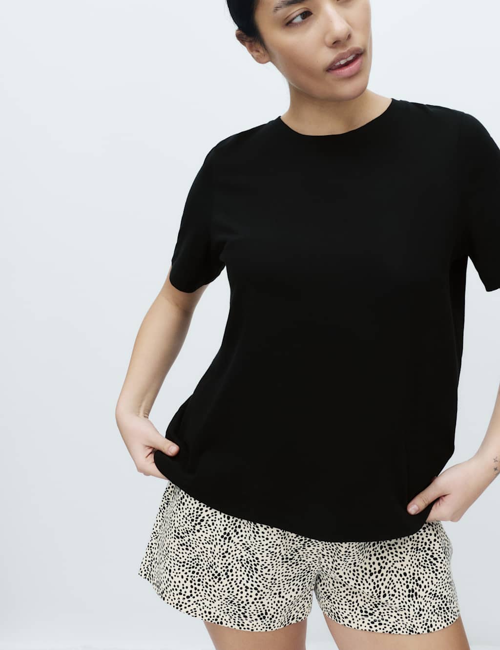 M&S Women's Cotton Rich Printed Shortie Set - Large - Black Mix