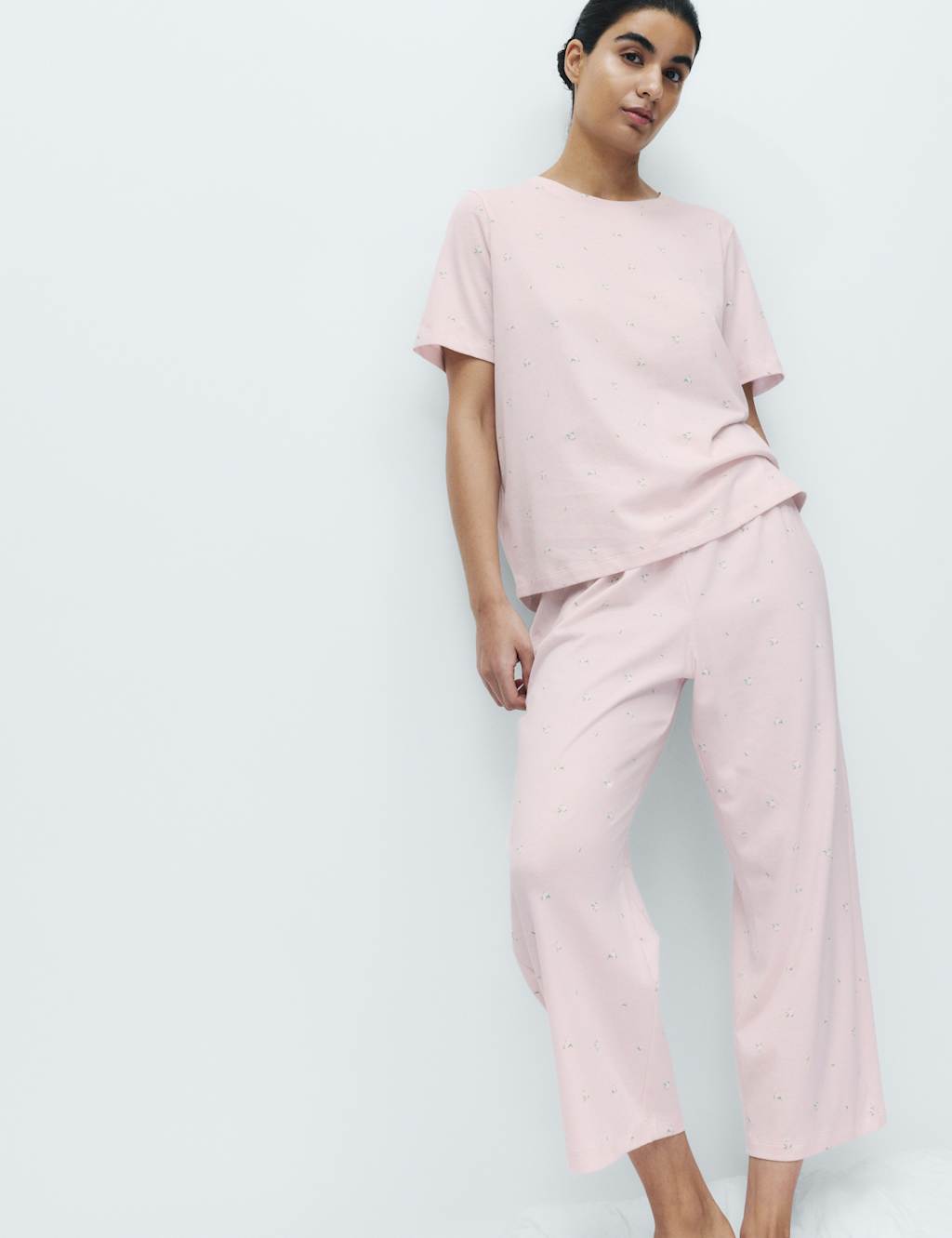 M&S Women's Pure Cotton Printed Cropped Pyjama Set - Medium - Pink Mix