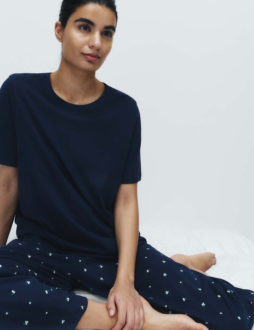 M&S Women's Pure Cotton Printed Cropped Pyjama Set - Small - Navy Mix
