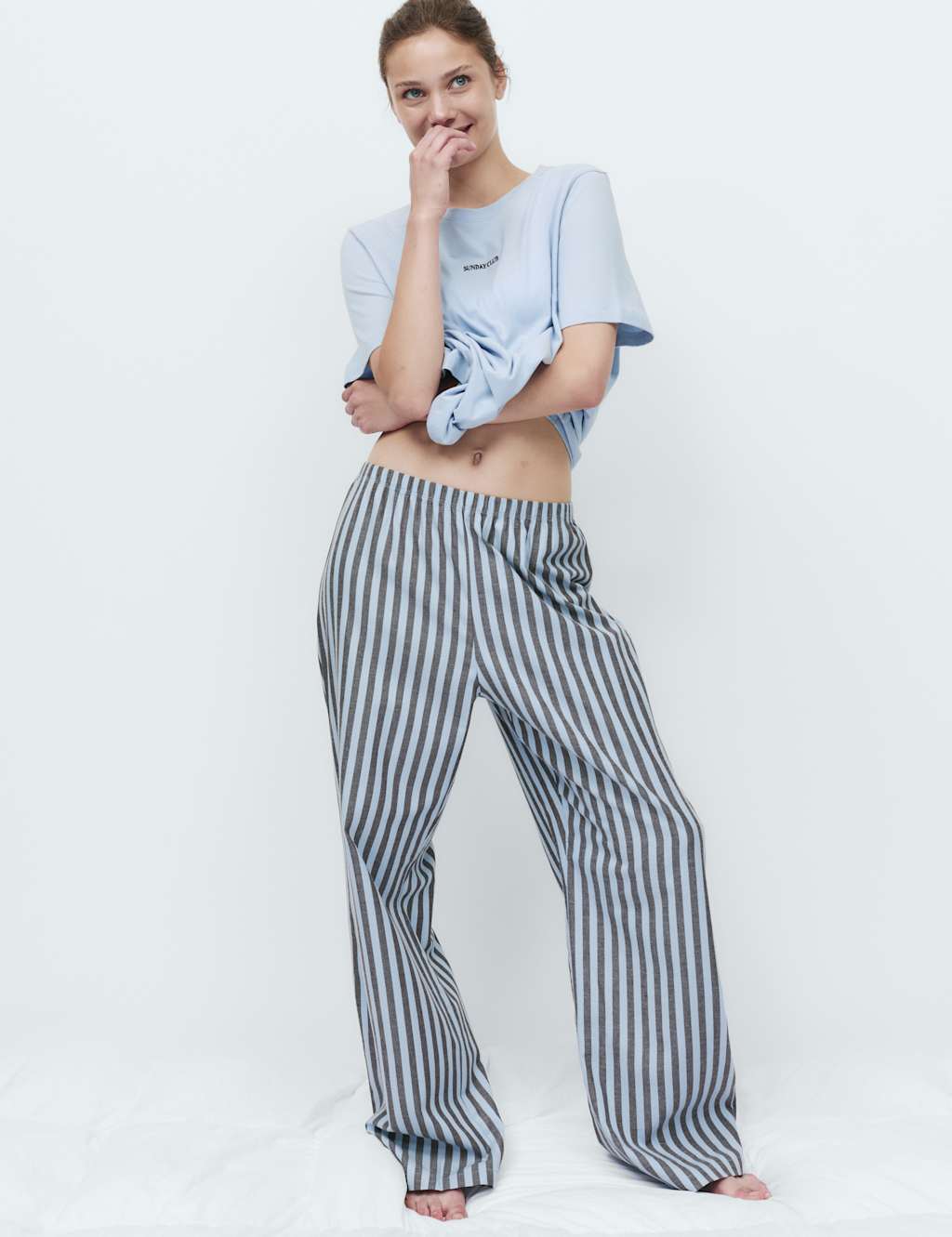 M&S Women's Cotton Rich Printed Pyjama Set - Small - Blue Mix