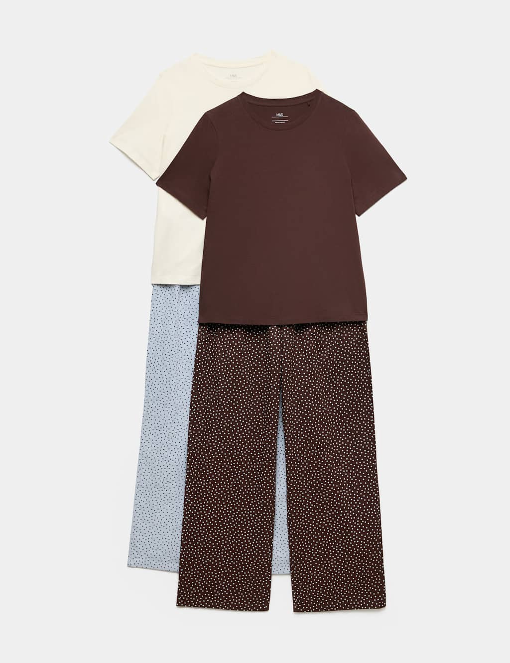 M&S Women's 2 Pack Pure Cotton Printed Pyjama Sets - Small - Brown Mix