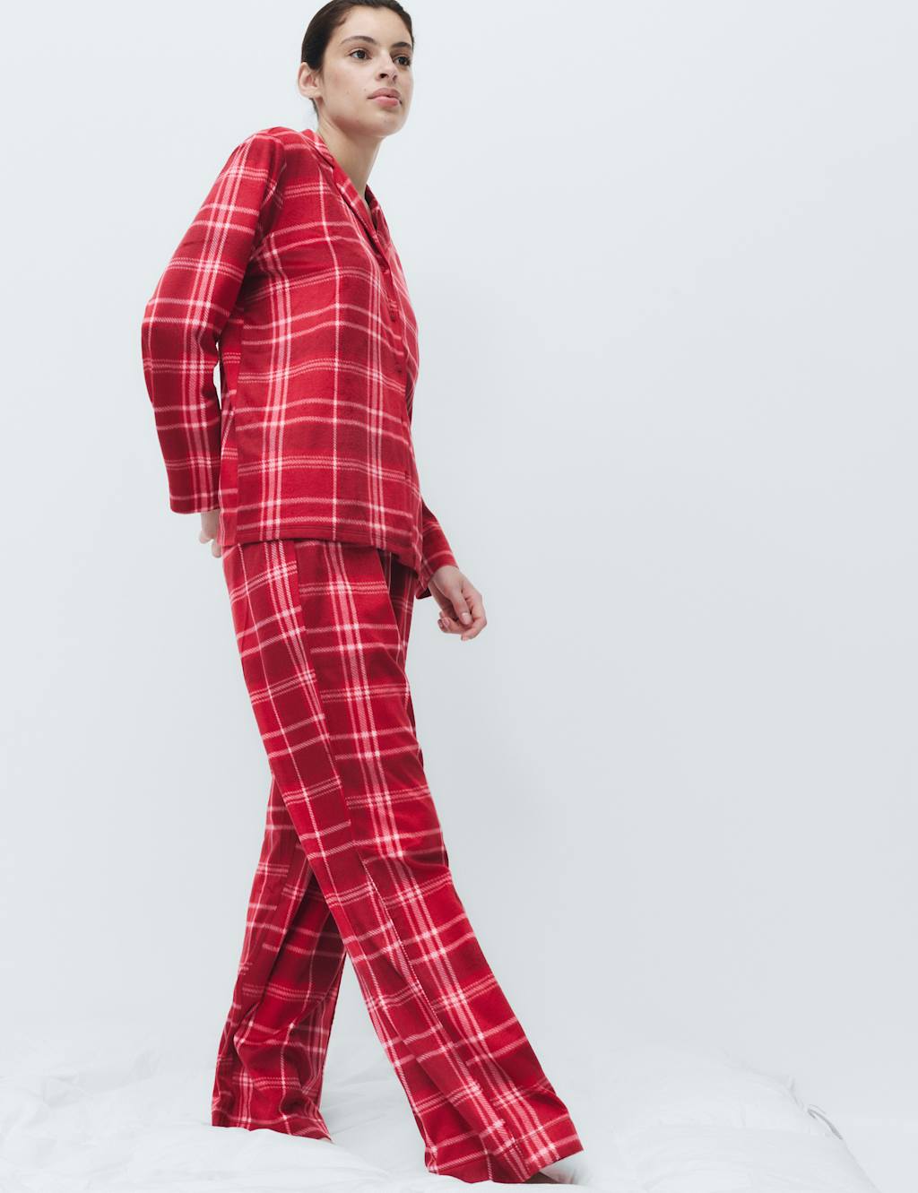 M&S Women's Fleece Printed Revere Pyjama Set - Large - Red Mix