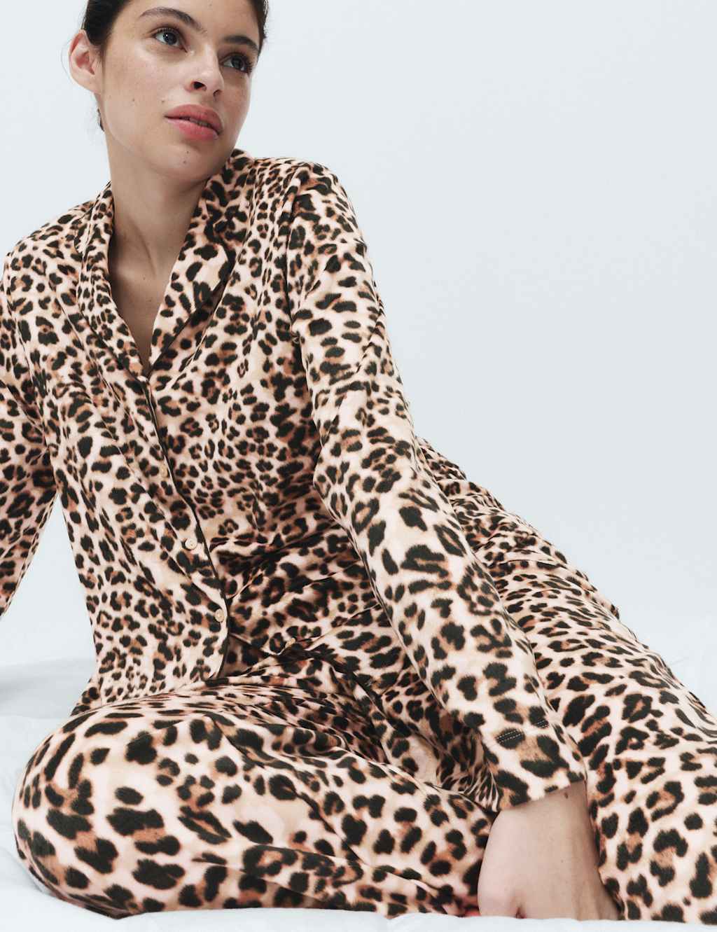 M&S Women's Fleece Printed Revere Pyjama Set - Small - Brown Mix