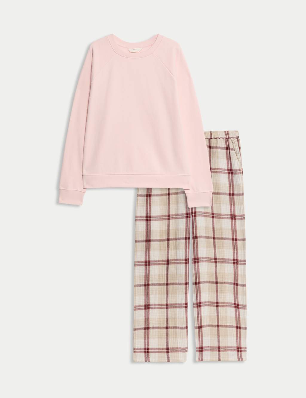 M&S Cotton Rich Checked Pyjama Set Light Pink