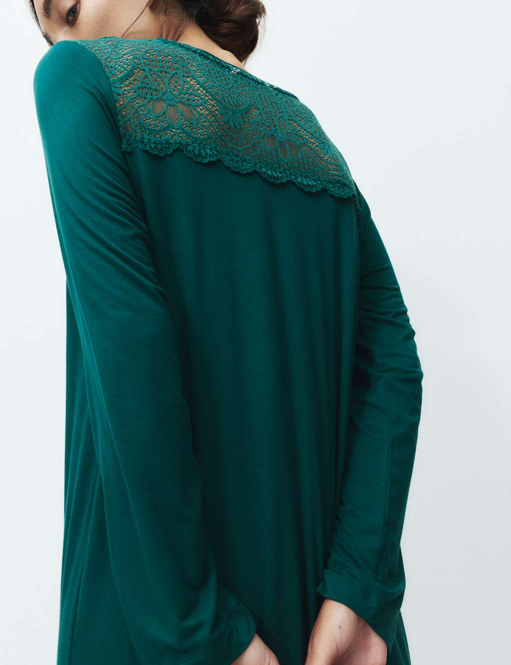 M&S Viscose Lace Long Sleeve Nightdress Dark Green