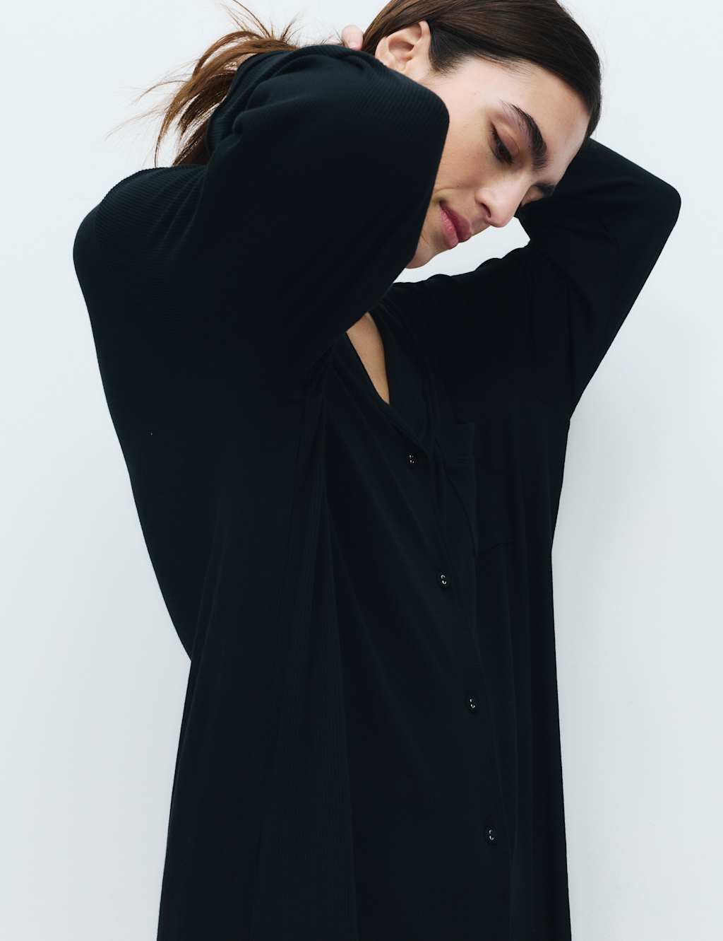 M&S Women's Ribbed Revere Nightshirt - Extra Small - Black