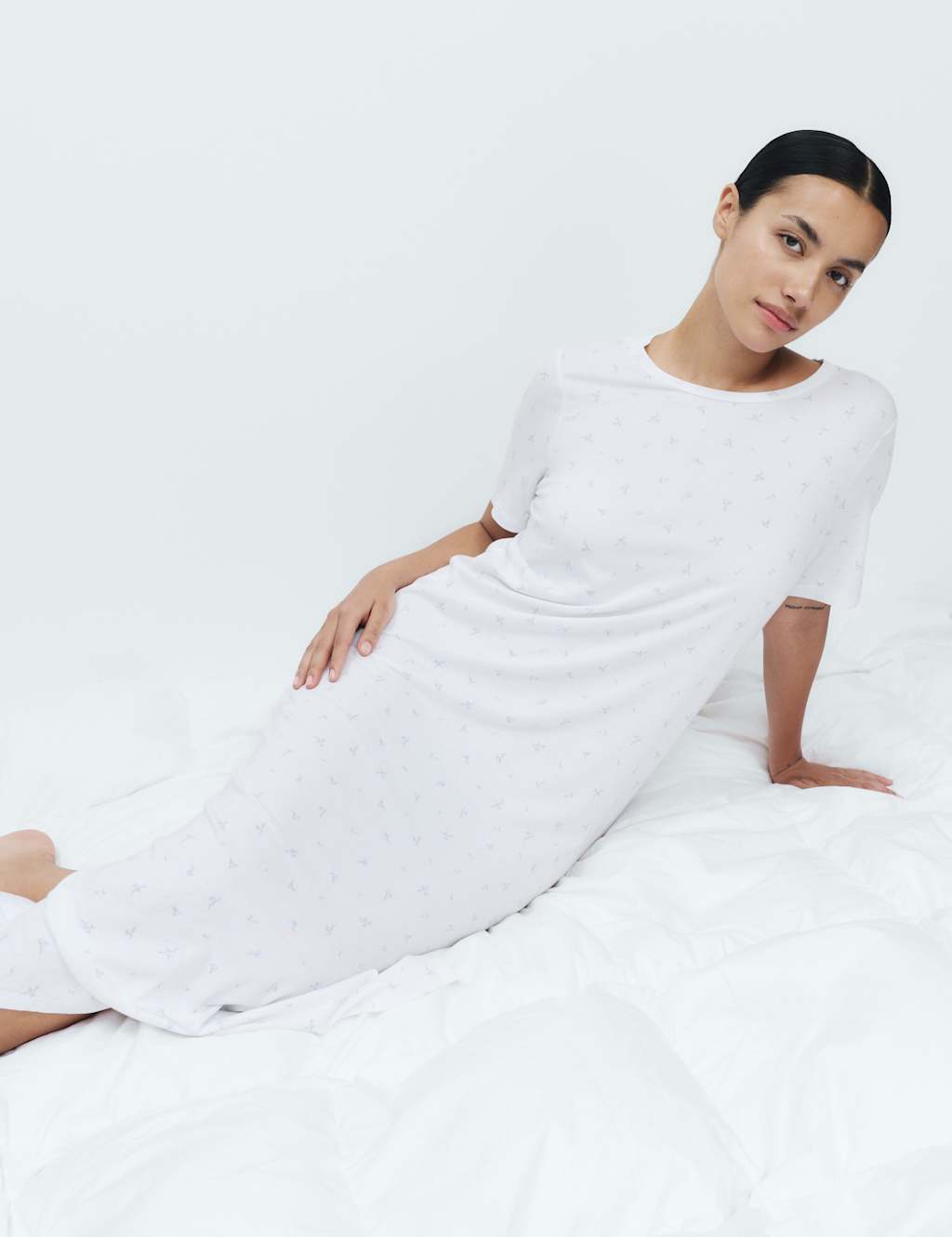 M&S Women's Cotton Modal Printed Long Nightdress - Large - White Mix