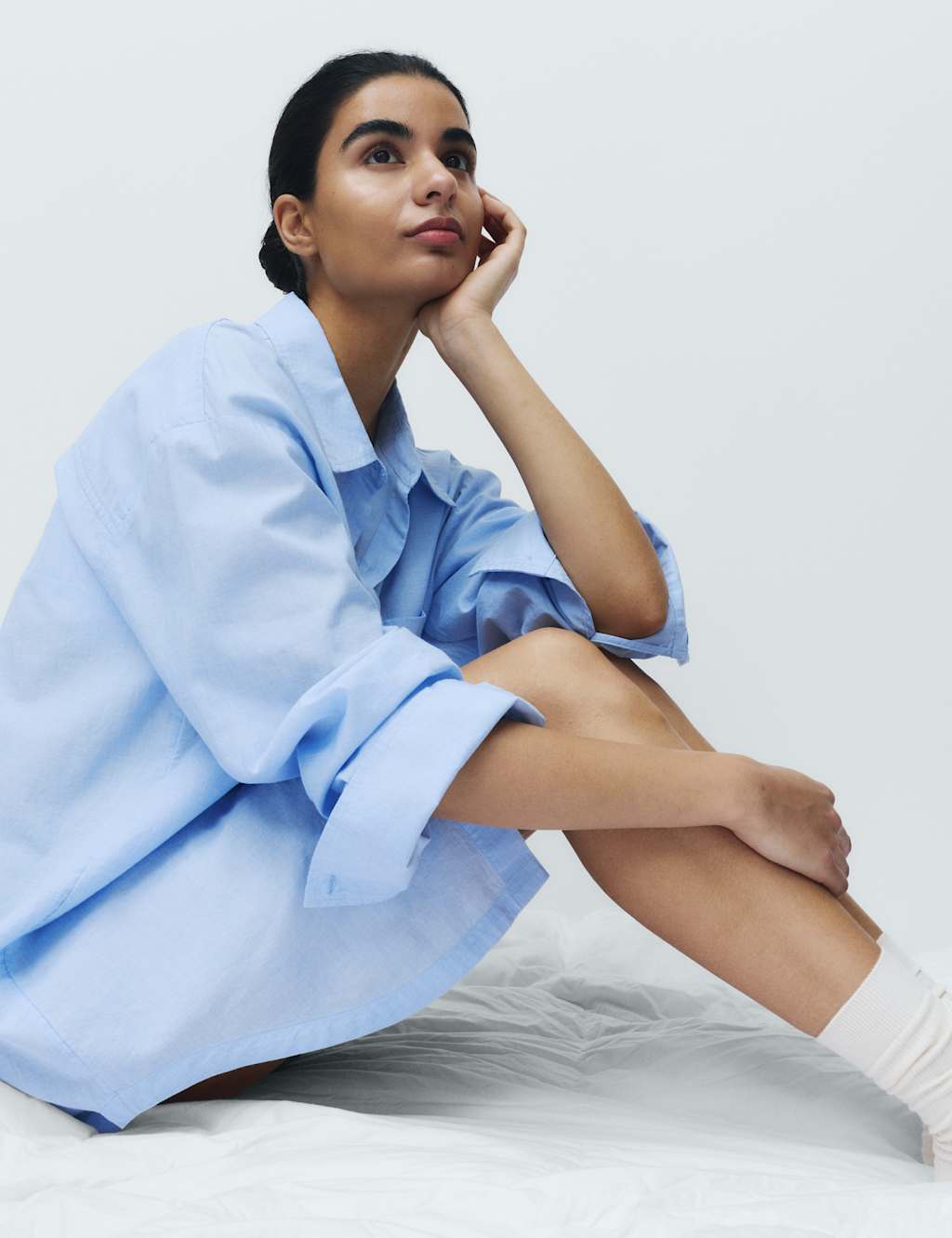 M&S Women's Pure Cotton Chambray Collared Nightshirt - 16 - Blue