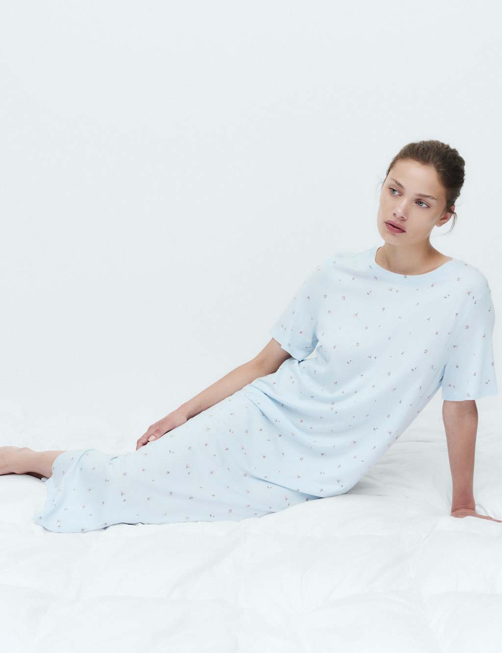 M&S Women's Cotton Modal Printed Long Nightdress - Medium - Light Blue Mix
