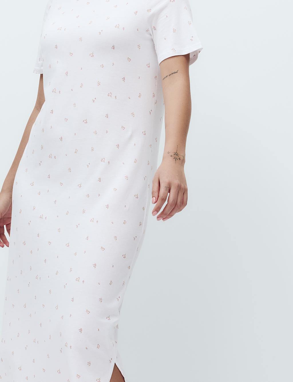 M&S Women's Cotton Modal Printed Long Nightdress - Large - Ivory Mix