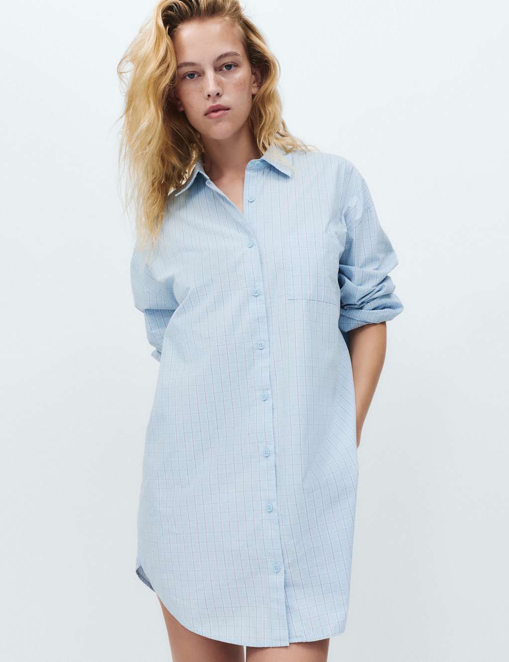 M&S Women's Pure Cotton Checked Nightshirt - 12 - Blue Mix