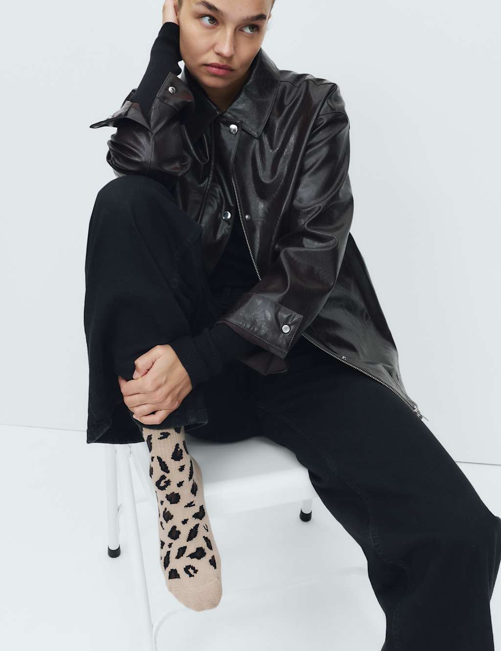 M&S 2 Pack Cotton Rich Animal Print & Plain Ankle High Socks Brown Mix