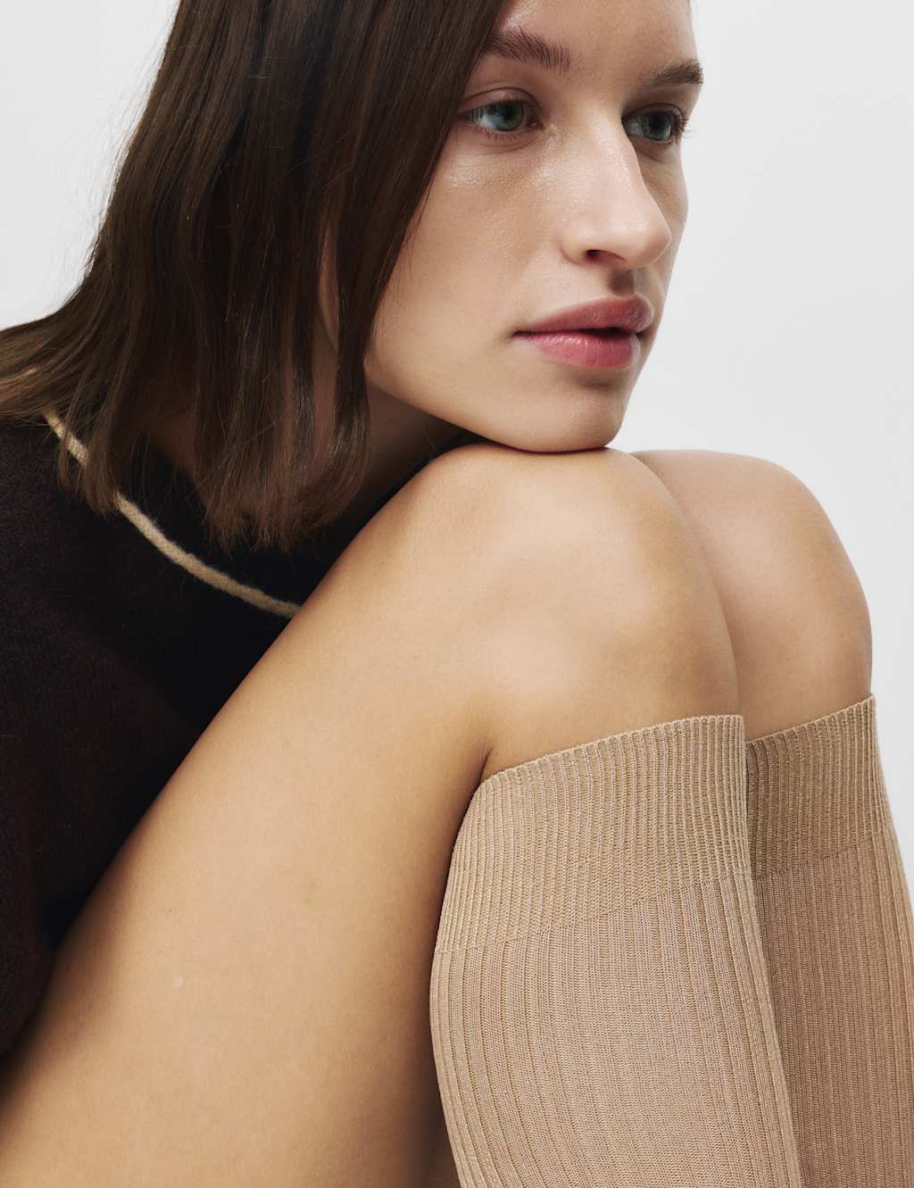 M&S Rayon Ribbed Knee High Socks Camel