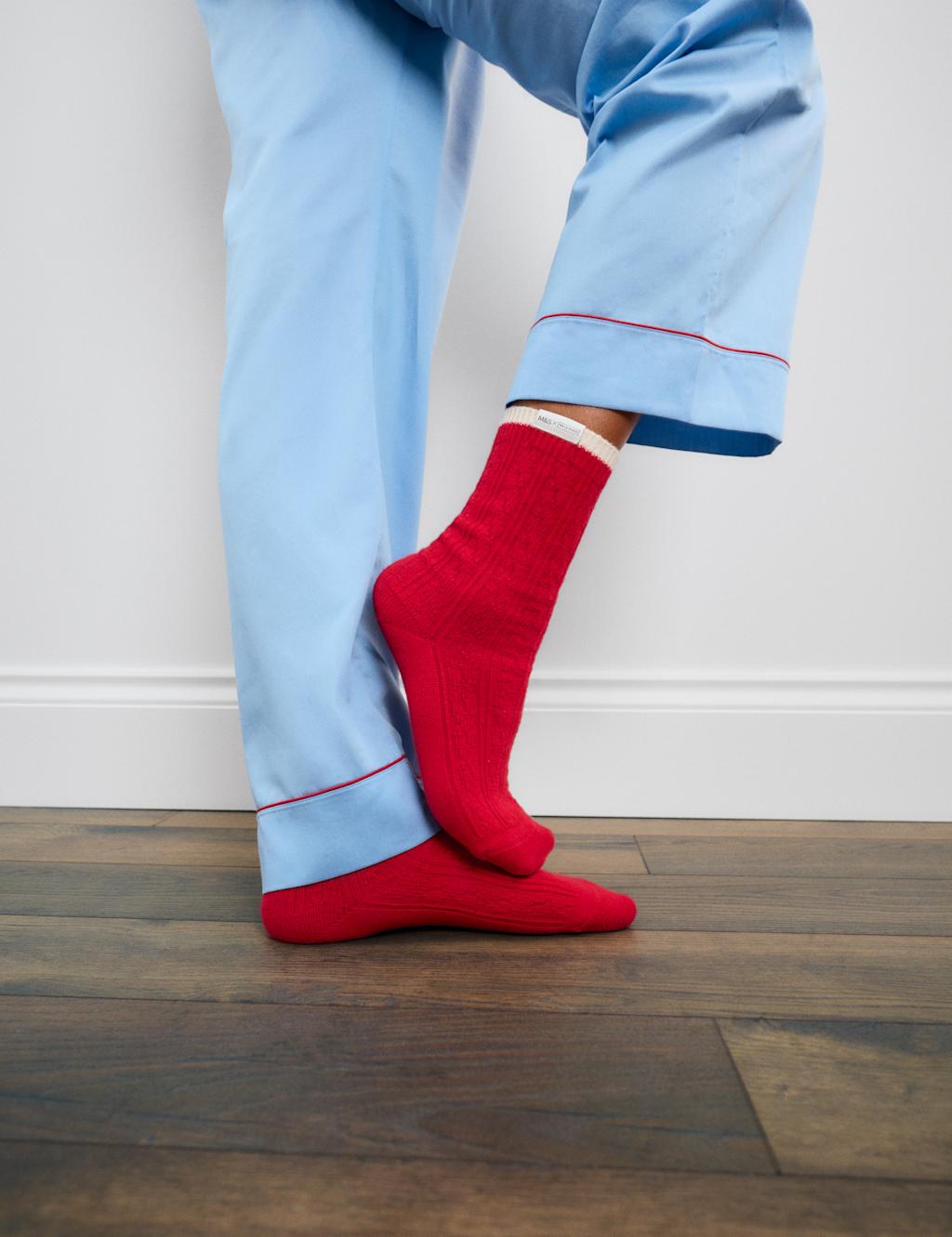 M&S x Bella Freud Cashmere Rich Cable Knit Crew Socks Red Mix