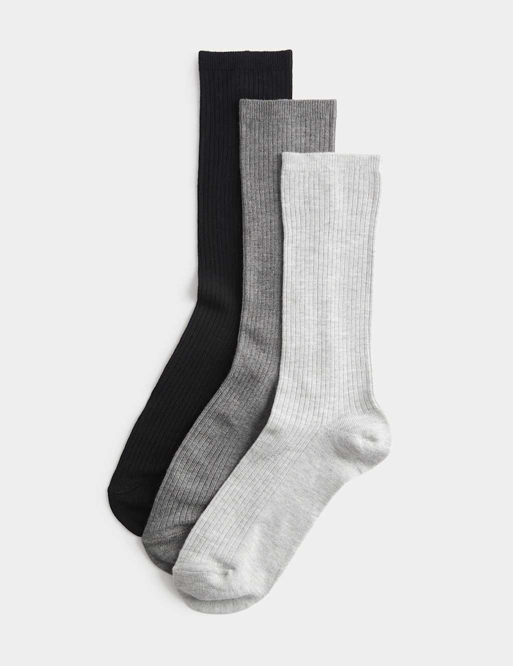 M&S Women's 3 Pack Supersoft Ribbed Crew Socks - 6-8 - Grey Mix