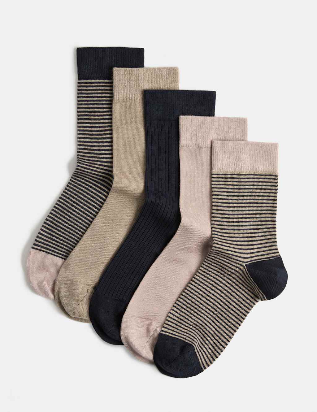M&S Women's 5 Pack Supersoft Patterned Crew Socks - 3-5 - Navy Mix