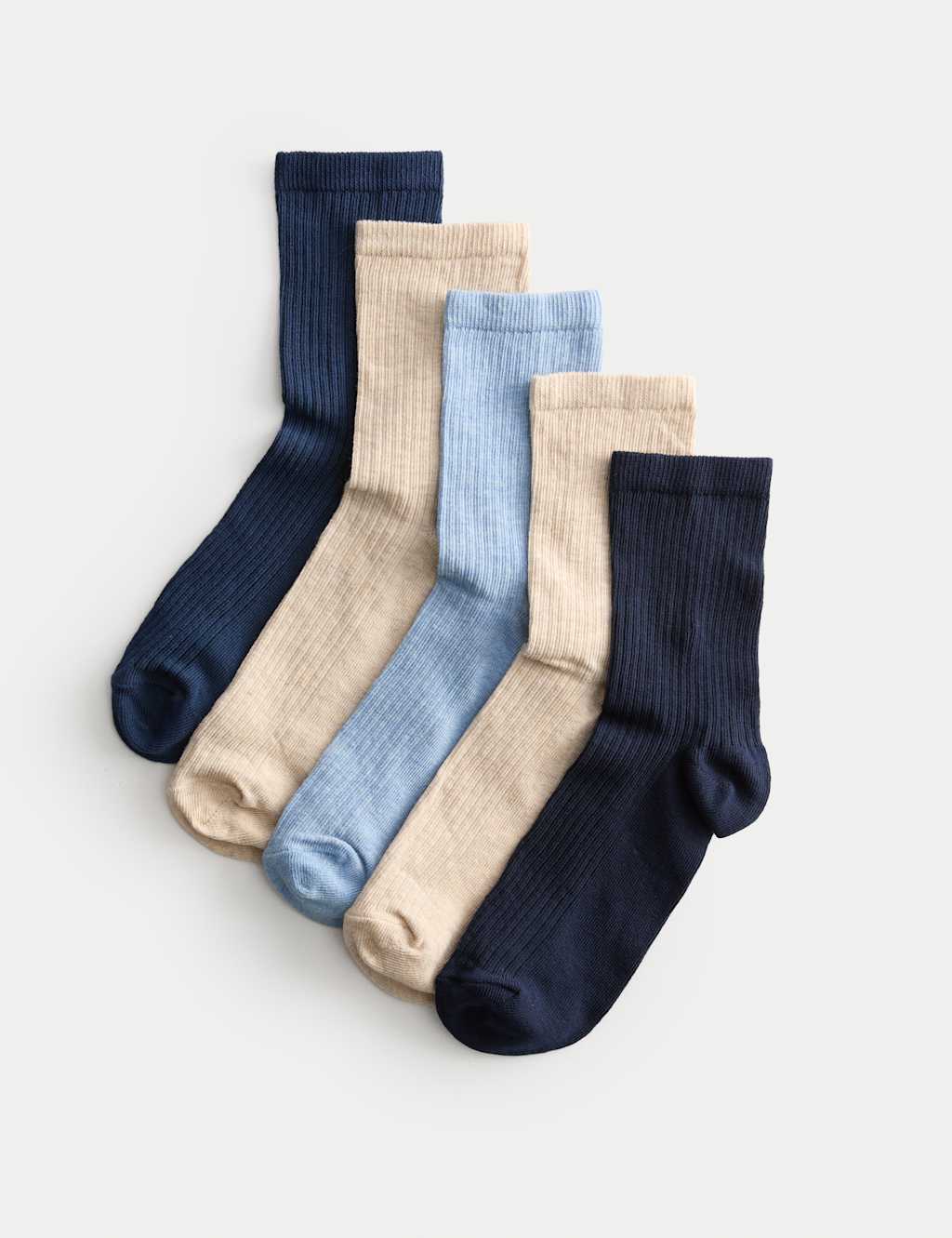 M&S 5pk Cotton Rich Ribbed Ankle High Socks Blue Mix