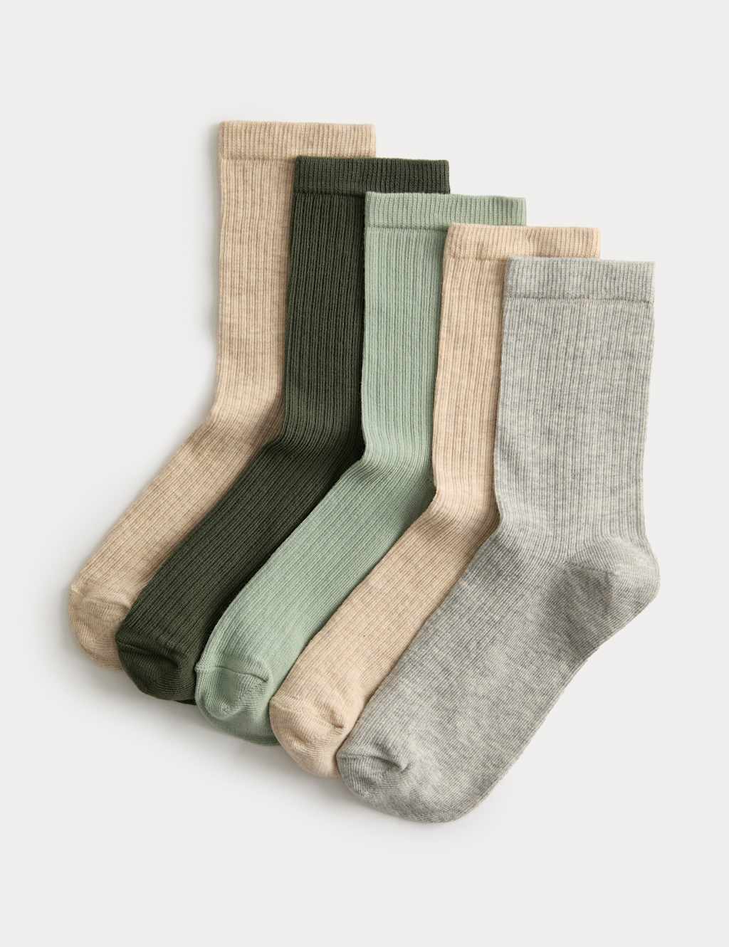 M&S 5pk Cotton Rich Ribbed Ankle High Socks Green Mix