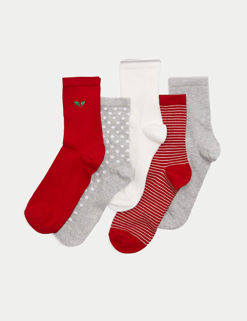 M&S 5pk Cotton Rich Embroidered Ankle High Socks Red Mix