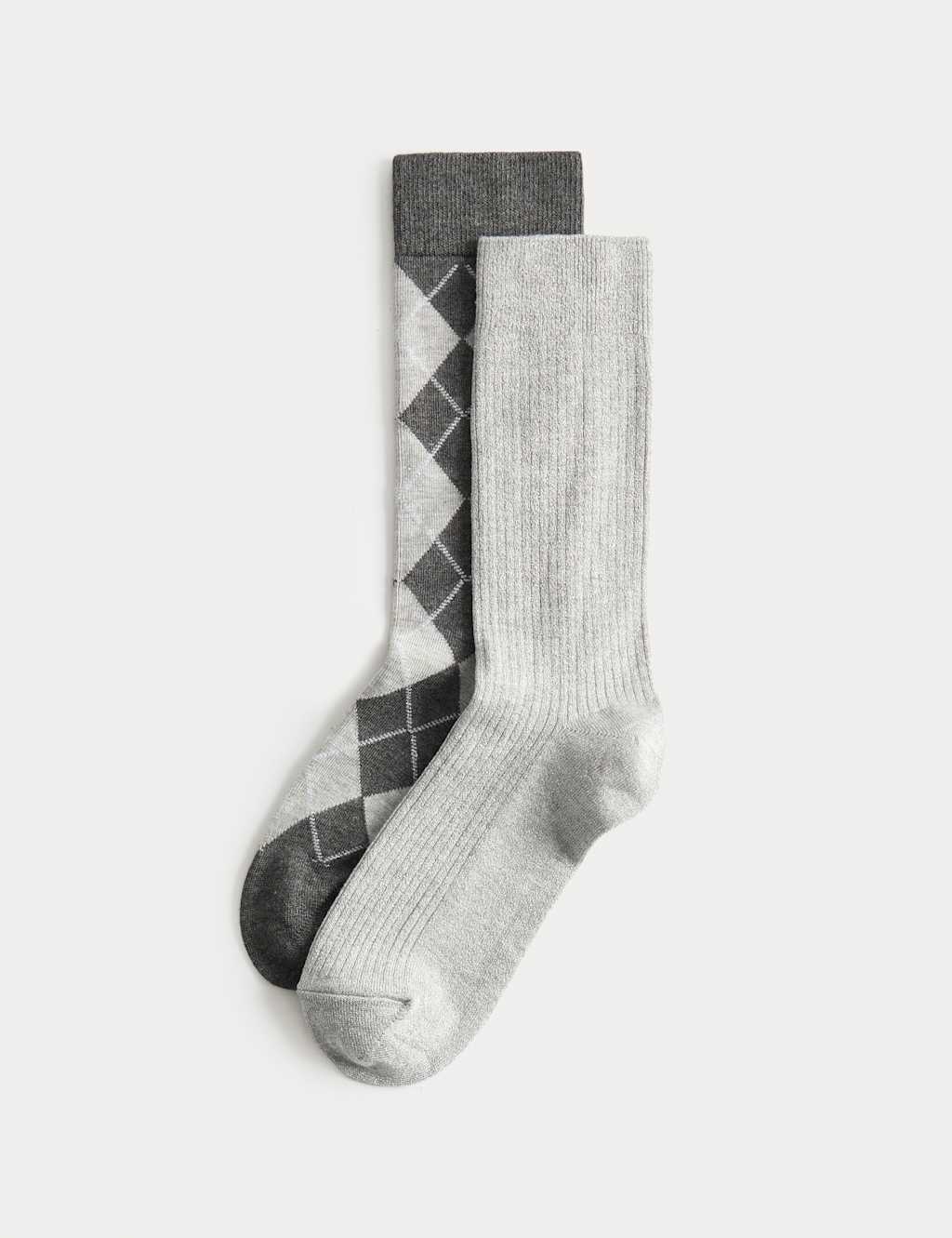 M&S Women's 2 Pack Argyle Crew Socks - Grey Mix