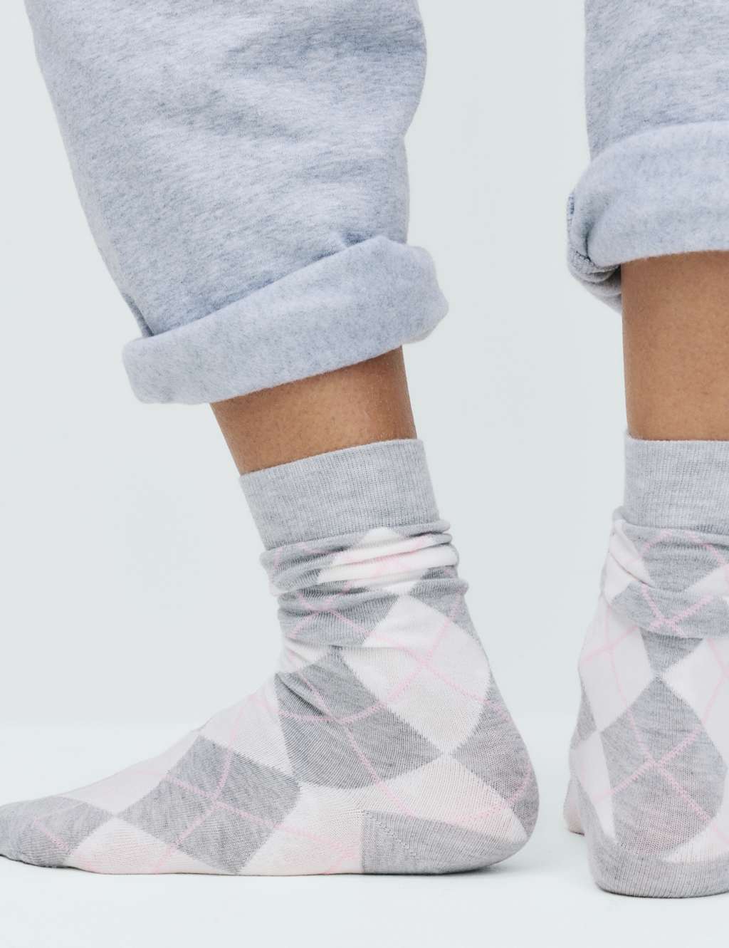 M&S Women's 2 Pack Argyle Crew Socks - Light Grey Mix