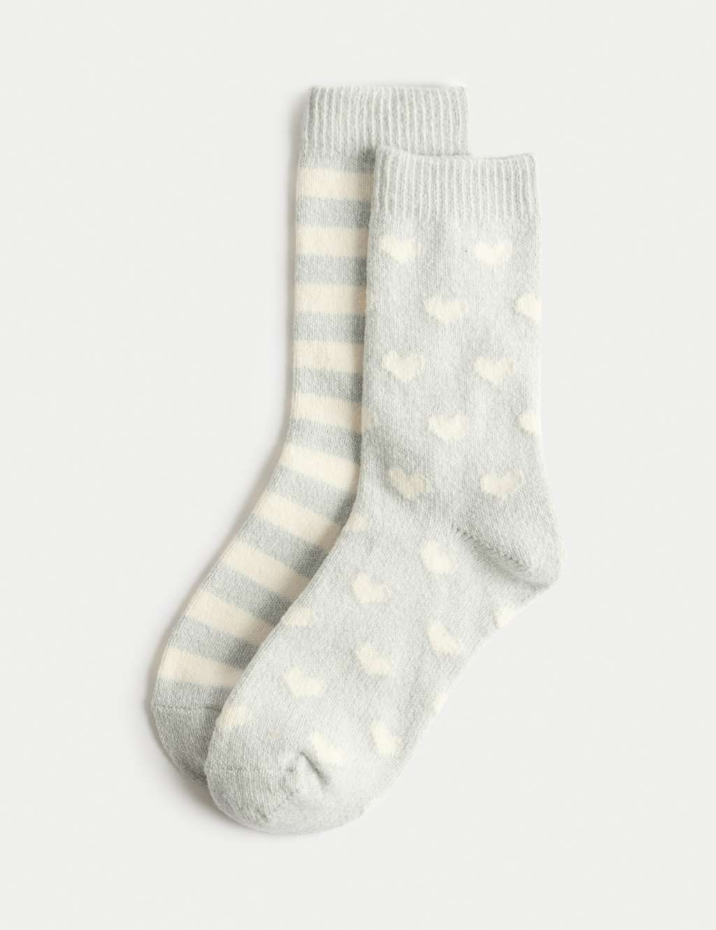 M&S 2 Pack Cosy Striped & Heart Ankle Socks Grey Mix