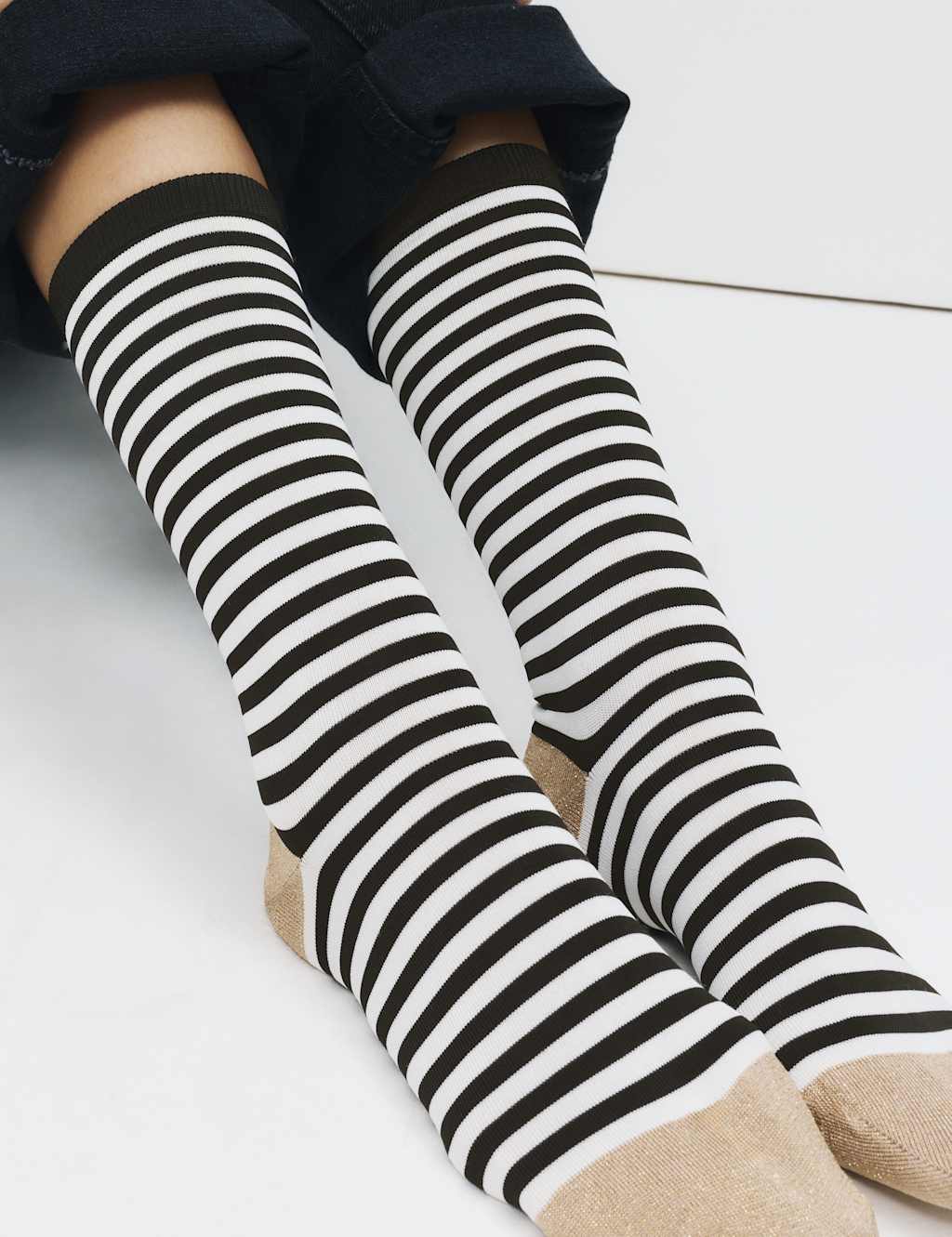 M&S 2 Pack Rayon Striped Crew Socks Brown Mix