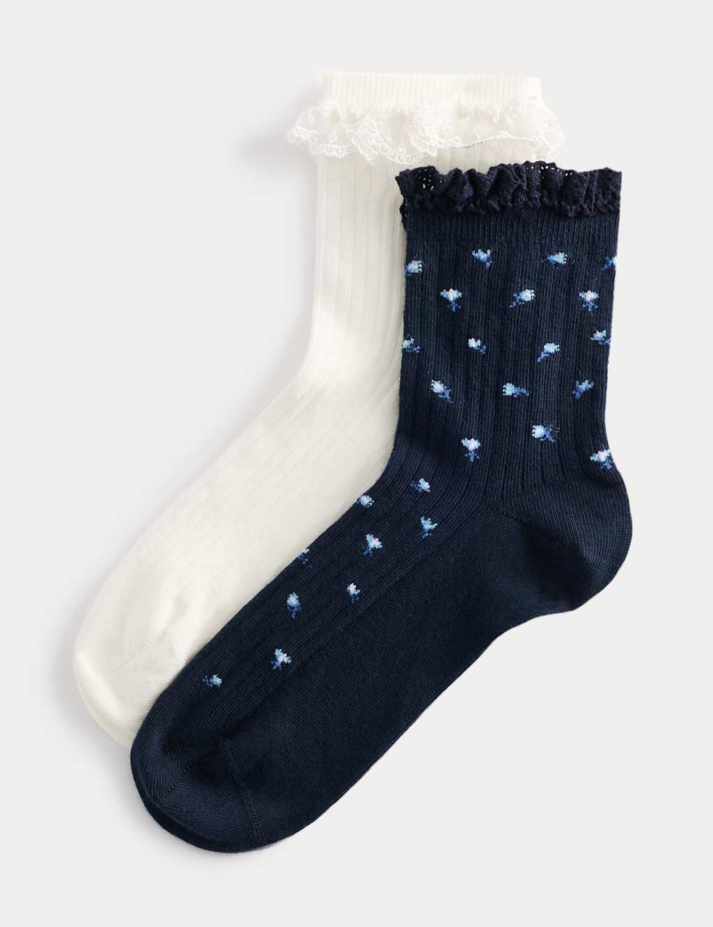 M&S Women's 2 Pack Floral Ribbed Ruffle Quarter Socks - Navy Mix