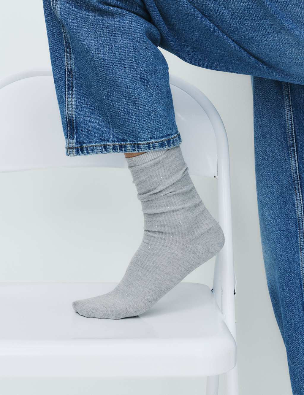 M&S Women's Cotton Blend Ribbed Embellished Crew Socks - Grey