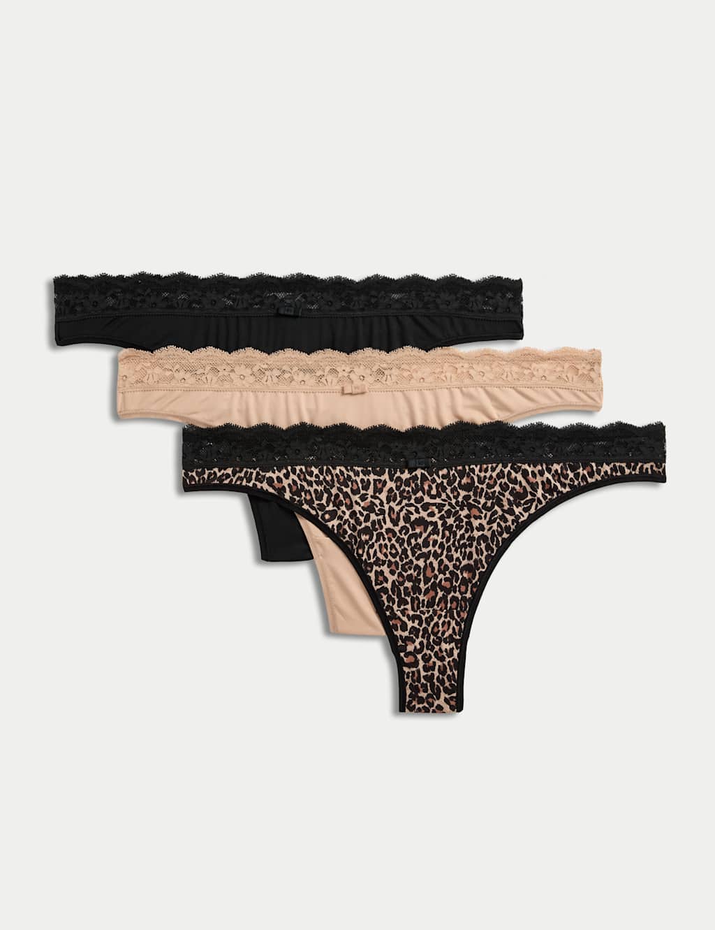 M&S 3pk Lace Trim Thongs Brown Mix
