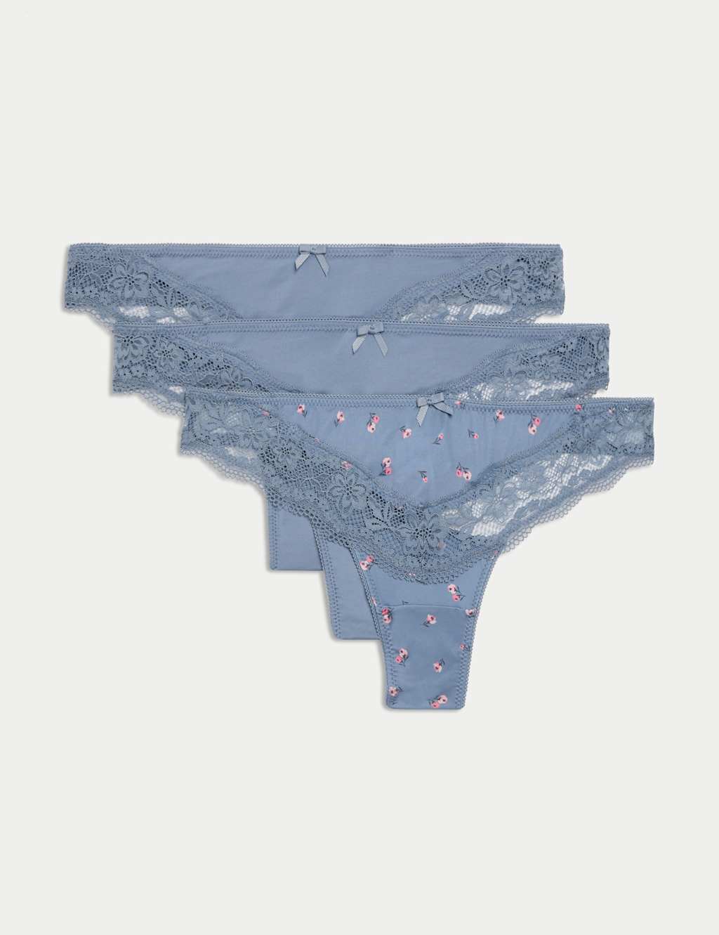 M&S 3pk Lace Trim Thongs Grey Blue