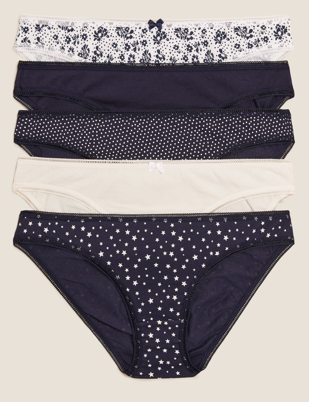 M&S 5pk Cotton Lycra Printed Bikini Knickers Navy Mix
