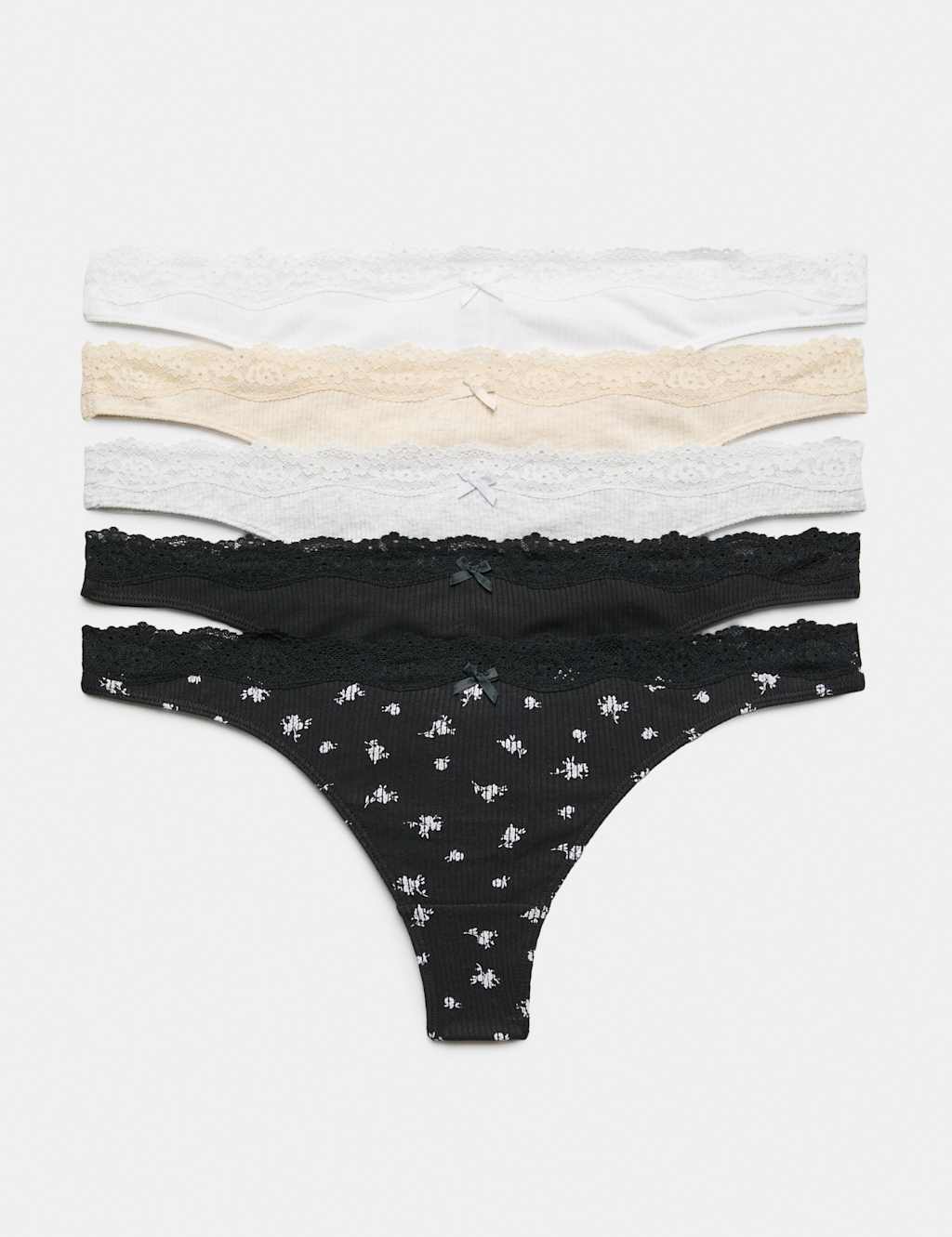 M&S Women's 5 Pack Cotton Rich Ribbed Thongs - Extra Small - Light Cream