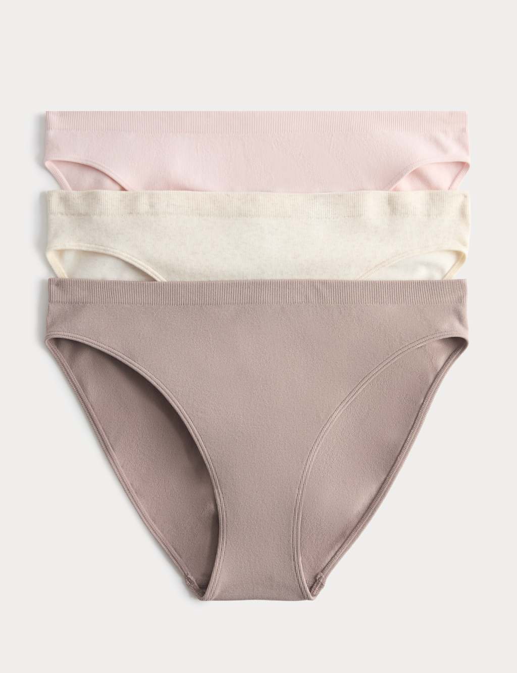 M&S Women's 3 Pack Comfort Rib Seamless High Leg Knickers - Small - Oatmeal Mix