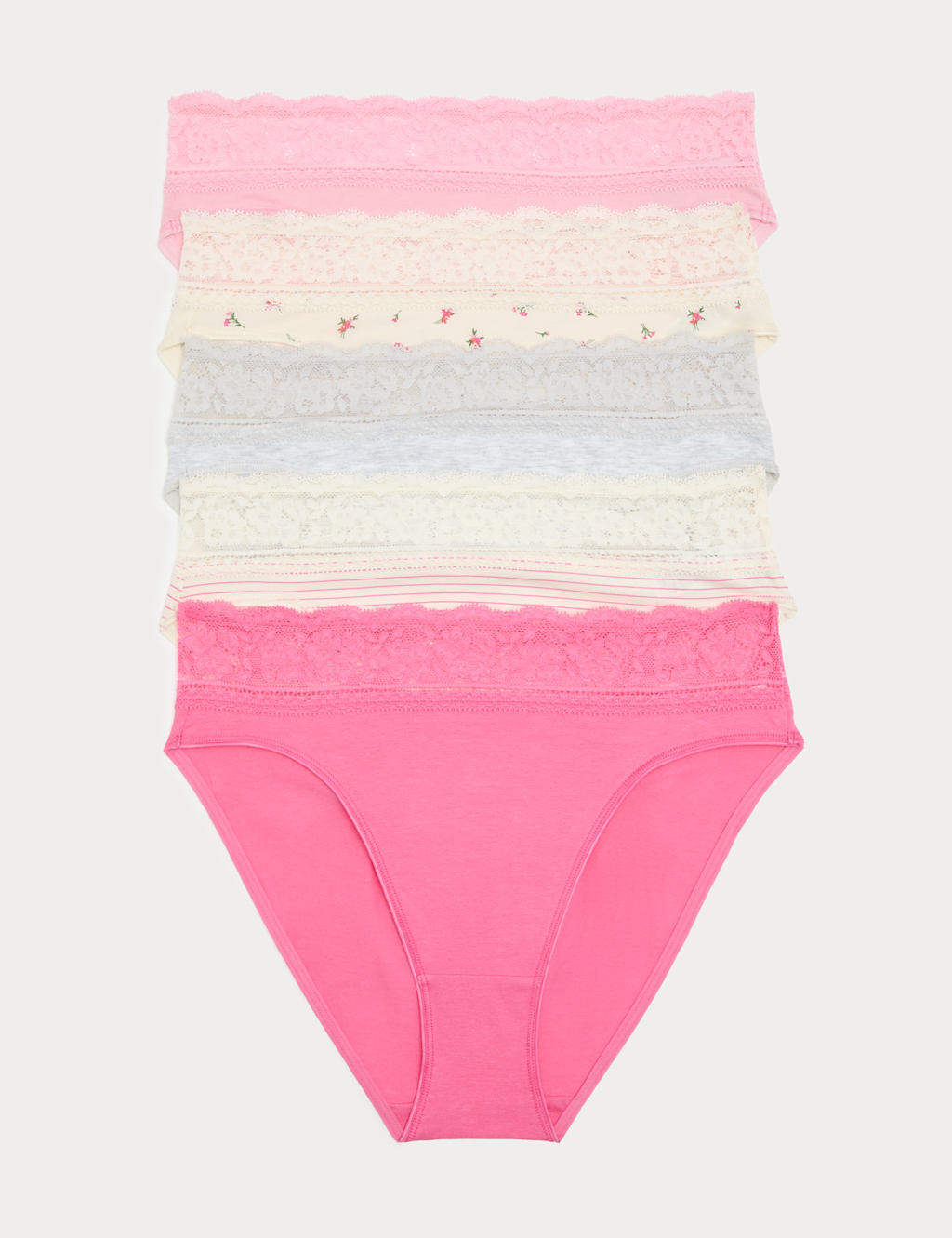 M&S Women's 5pk Cotton Rich Printed High Leg Knickers - 10 - Pink Mix