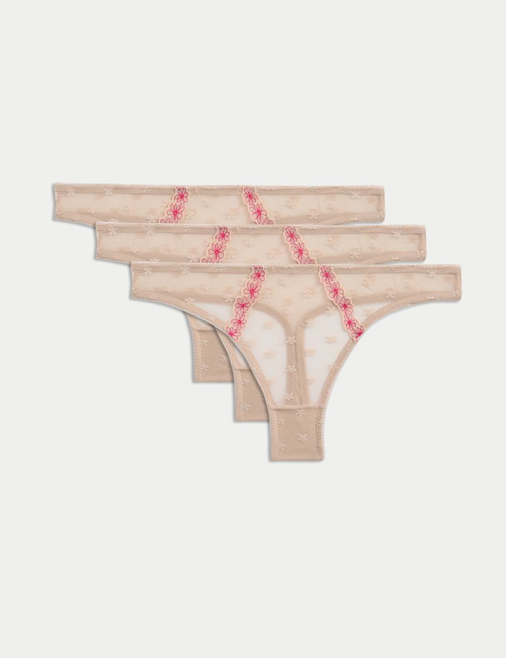 3pk Daisy Embroidery Mesh Thongs