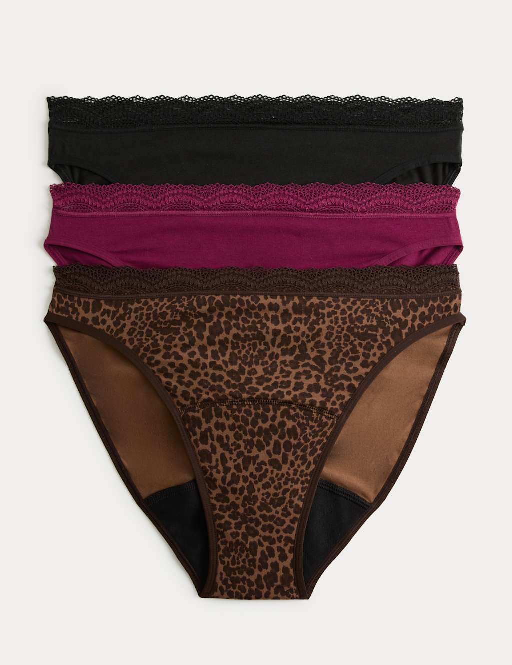 M&S Women's 3 Pack Cotton Rich Period High Leg Knickers - 8 - Brown Mix