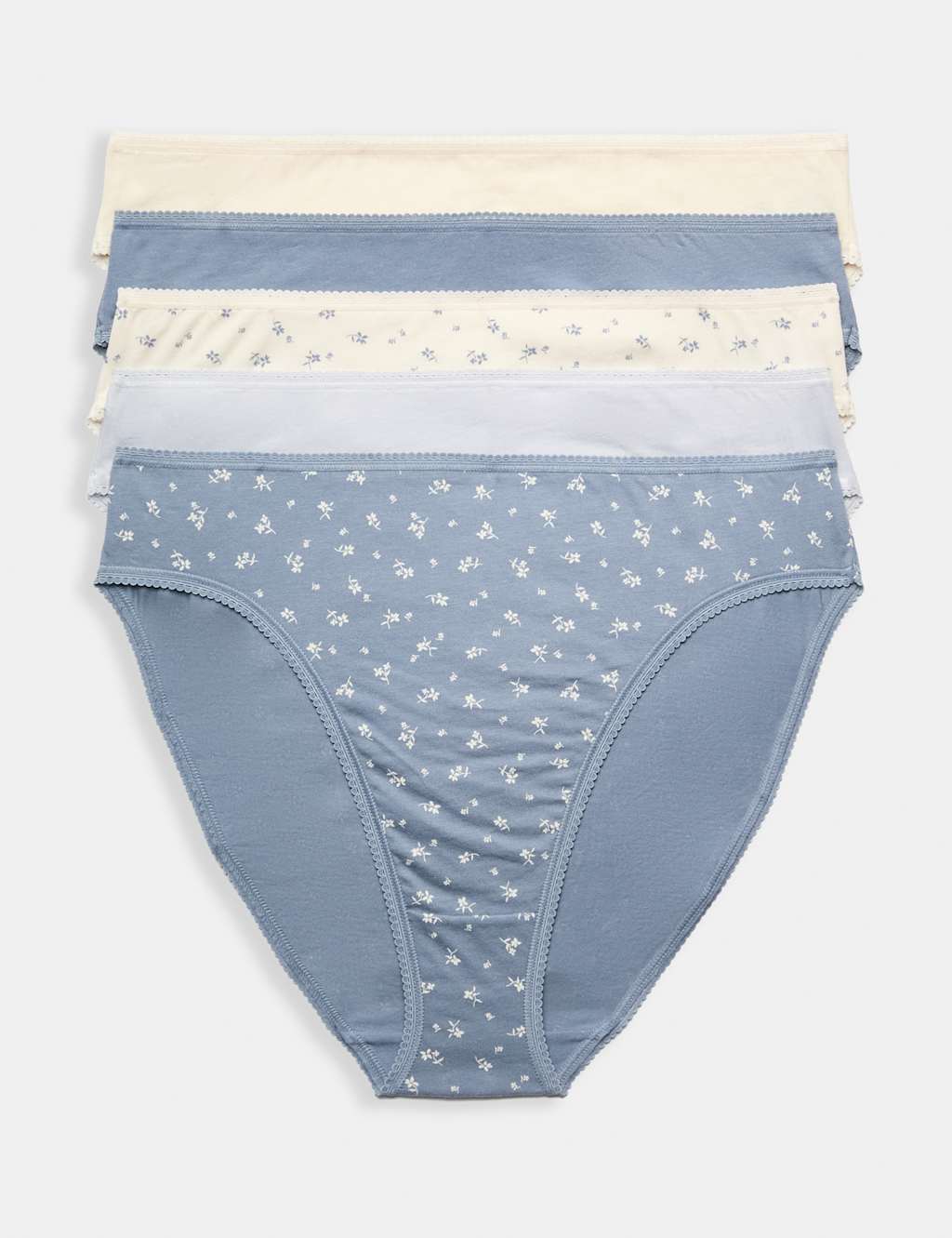 M&S Women's 5pk Pure Cotton High Leg Knickers - 12 - Blue Mix