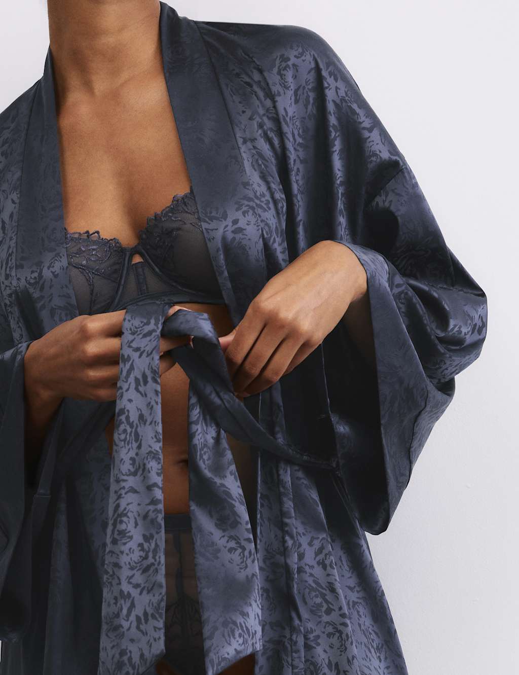 Rosie Lisianthus Satin Floral Jacquard Wrap Carbon