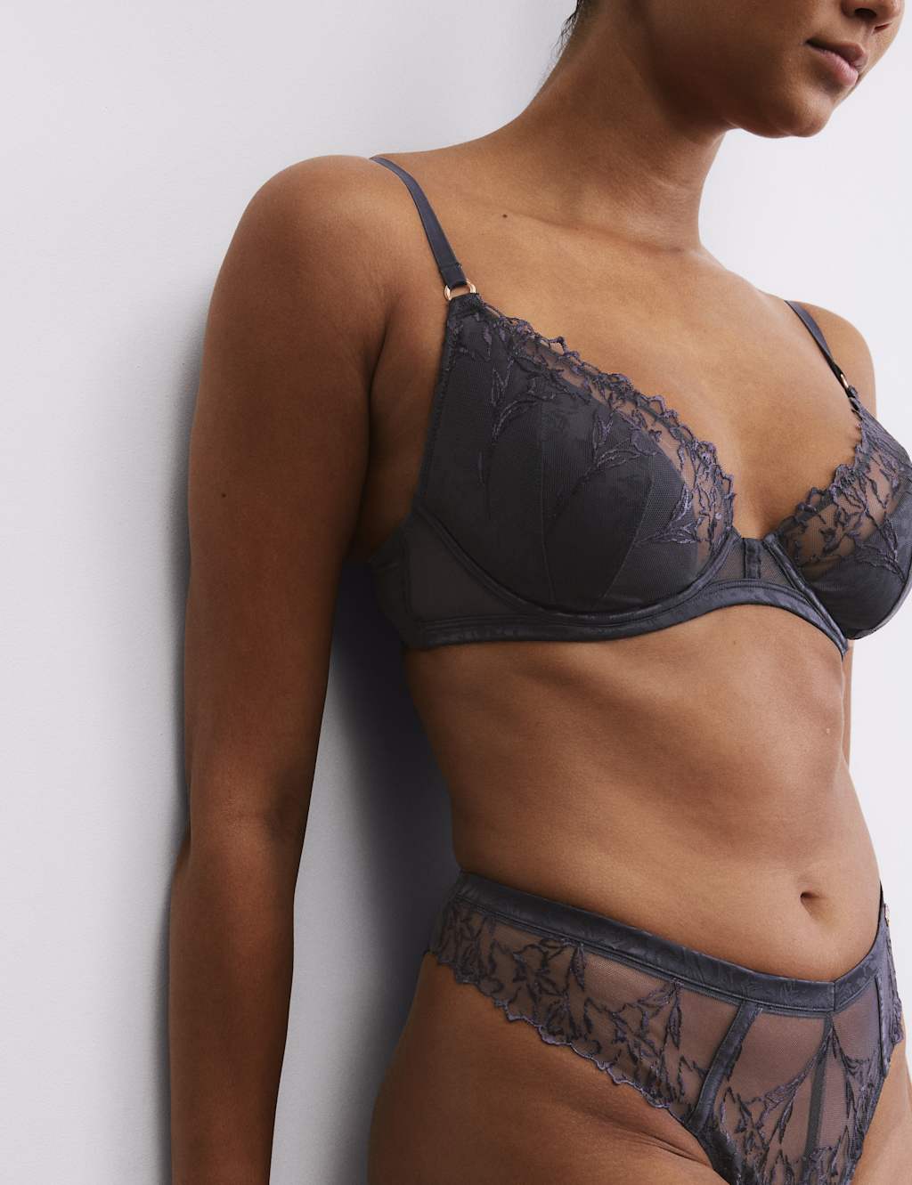 Rosie Lisianthus Embroidery Wired Plunge Bra A-E Carbon