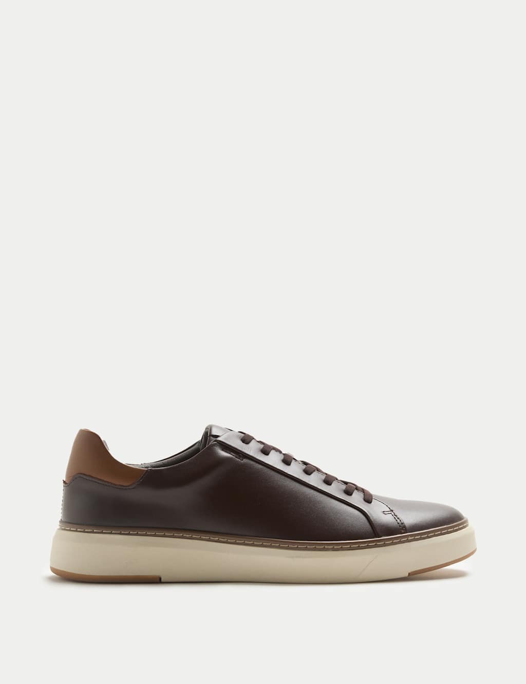 M&S Collection Men's Leather Lace Up Cupsole Trainers - 9 - Dark Brown, Dark Brown,White