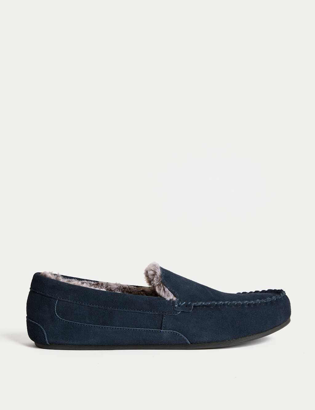 M&S Suede Fleece Lined Moccasin Slippers Navy