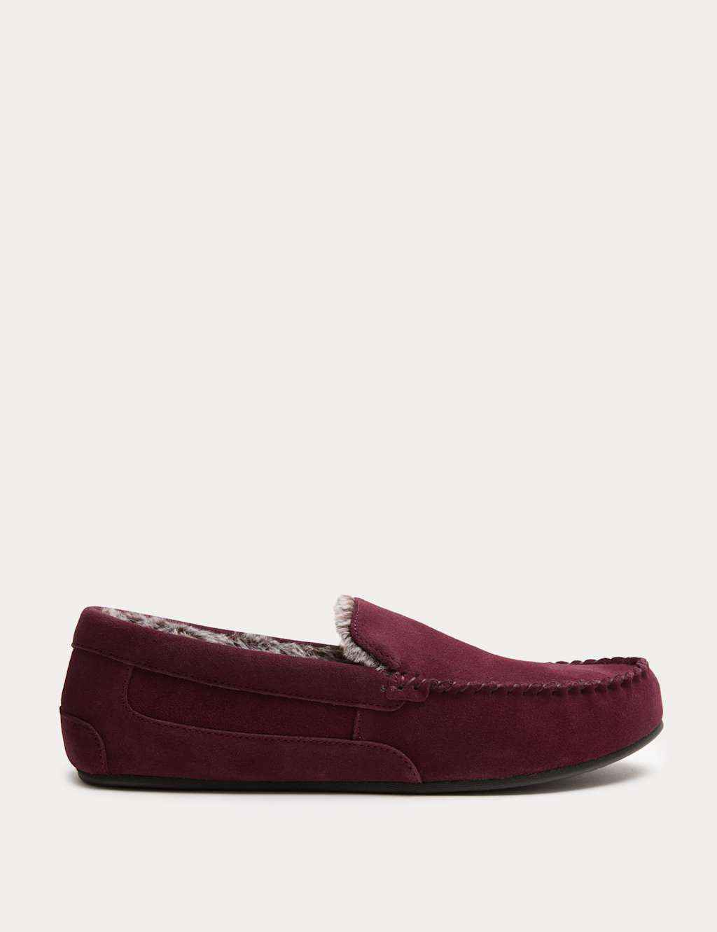 M&S Suede Fleece Lined Moccasin Slippers Burgundy