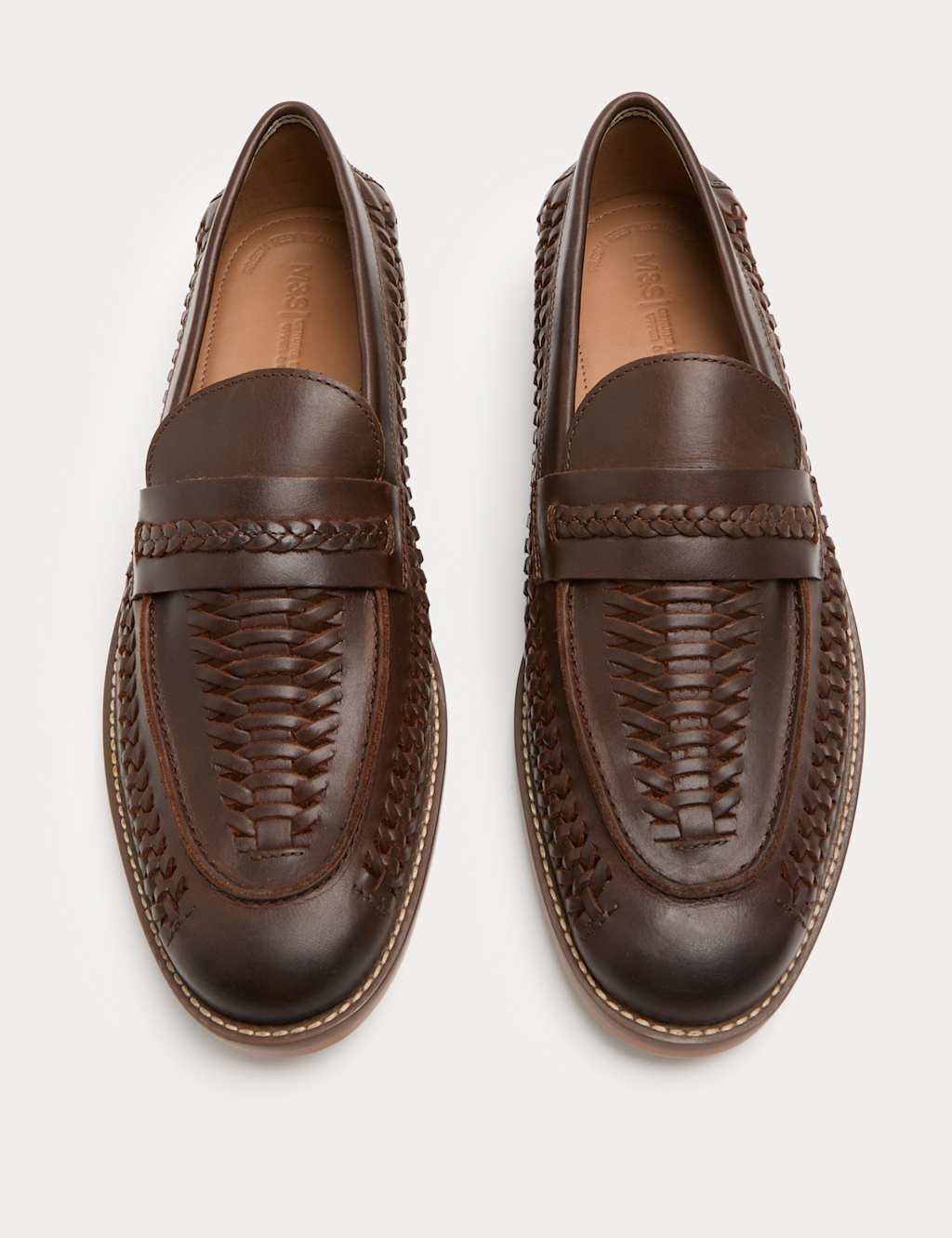 M&S Men's Leather Woven Loafers - 7 - Brown